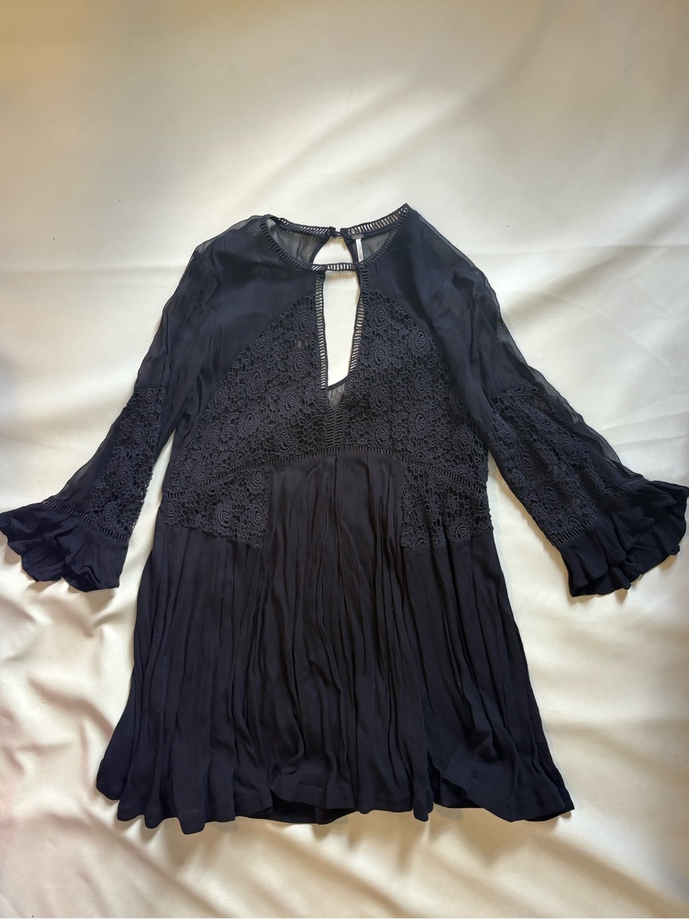 Free People Black Lace Inset Peasant Dress with bell sleeves